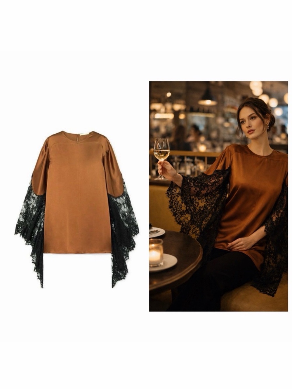 Christopher Kane Brown Blouse Satin Lace Draped Sleeve 2 Office Cocktail NWT 🟡